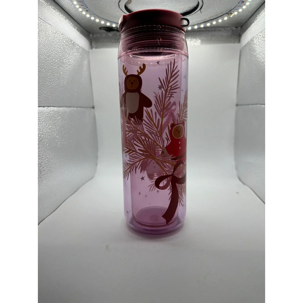 Starbucks Holiday Tumbler 16oz Pink Acrylic Double Wall Bear Reindeer Flip Lid